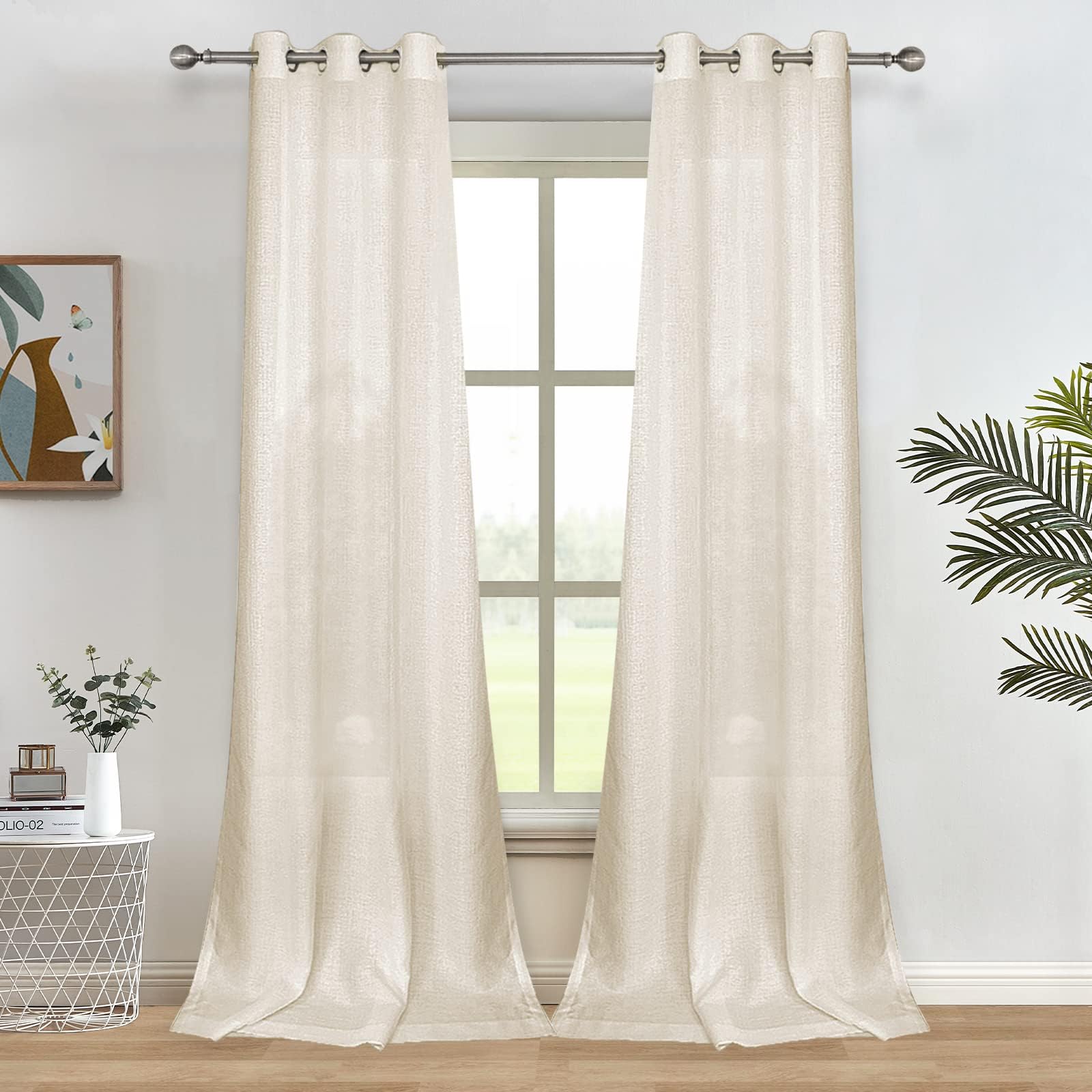 Melodieux Semi Sheer Window Curtains - Faux Linen Voile Net Curtains, Light Filtering, Eyelet Ring Top Drapes for Nursey, Living Room, Hallway (Beige, 55 x 96 inch drop)