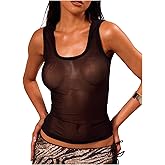 RoseSeek Women's Sheer Square Neck Tank Top Sleeveless Fitted Vacation Summer Tops Basic Shirt