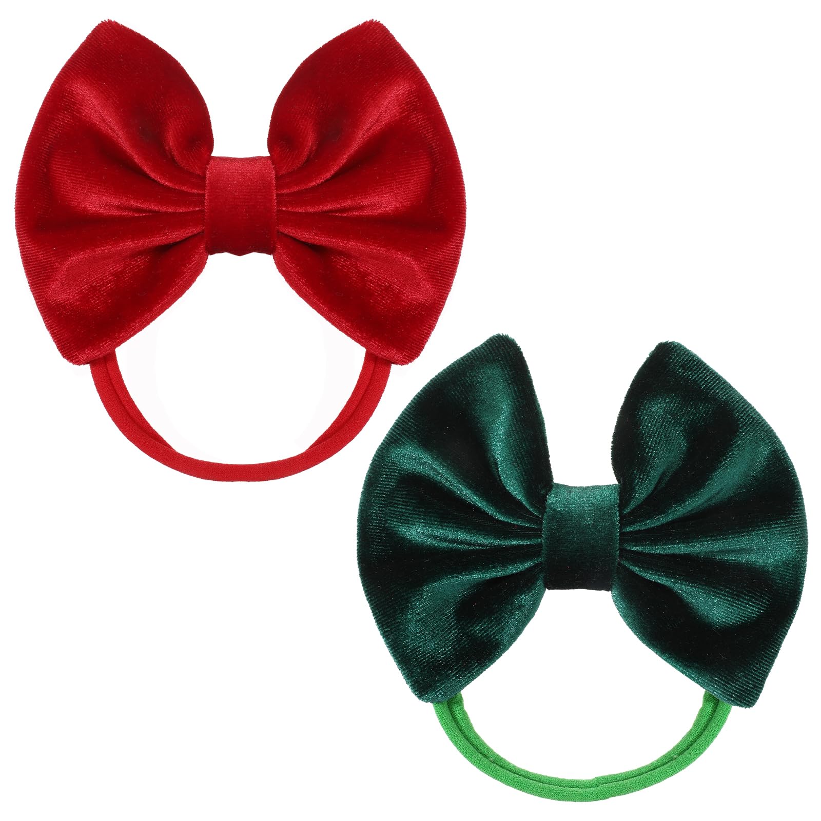 Photo 1 of 2 Pcs Christmas Velvet Ribbon Hair Bows, Tied Bows Handmade Soft Hairbands Bow Elastic Nylon Hair Accessories for Women Girls Baby Kids Teens Gift (Red, Green)