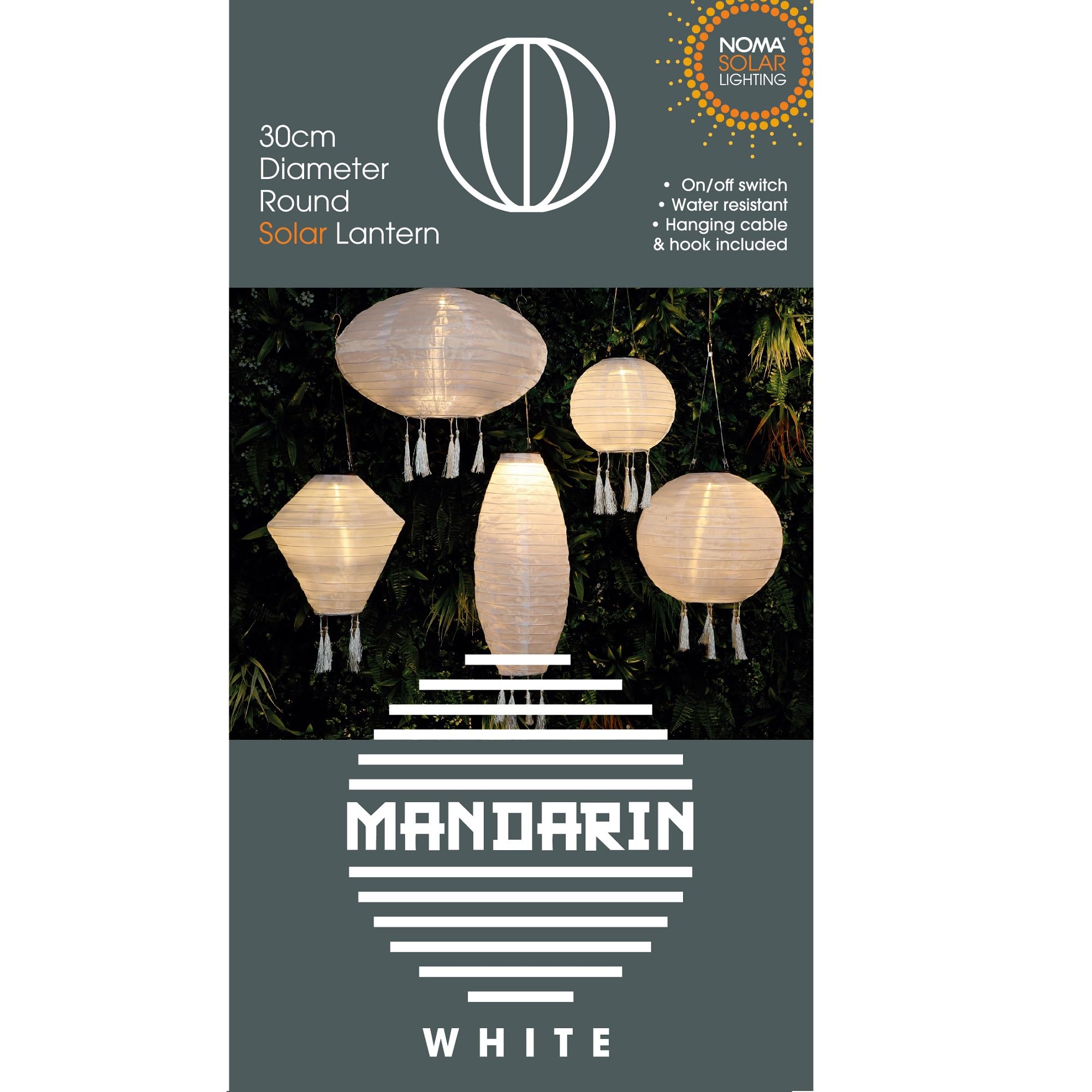 NOMA White Solar Mandarin Lantern, Round with Tassels, 30 cm
