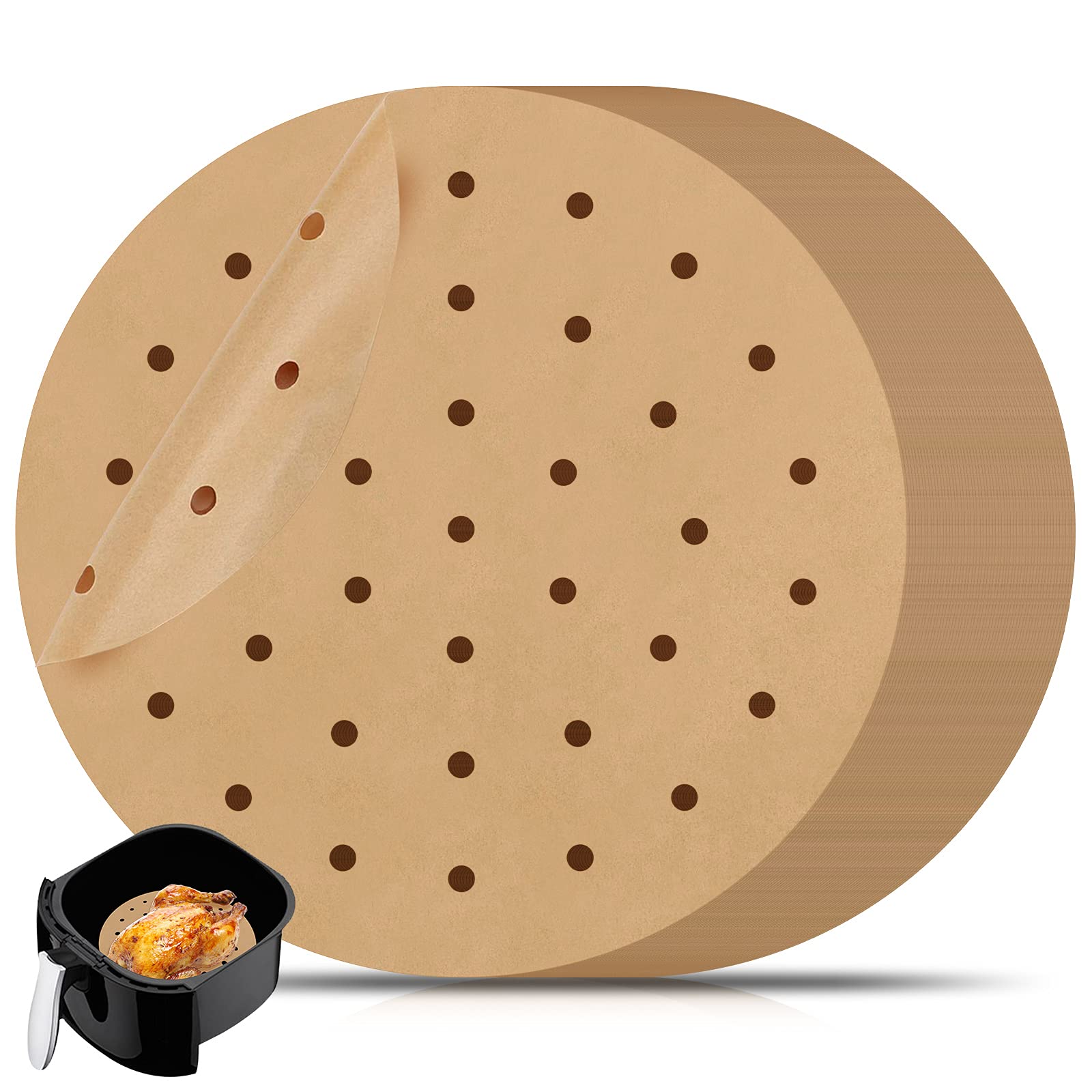 8 inch Air Fryer Parchment Paper Sheets by ASTER, 100 Pcs Perforated Air Fryer Liners/Steaming Parchment Liner, Non-Stick Parchment Paper for Air Fryer, Baking Cookies, Cooking, Bamboo Steamer