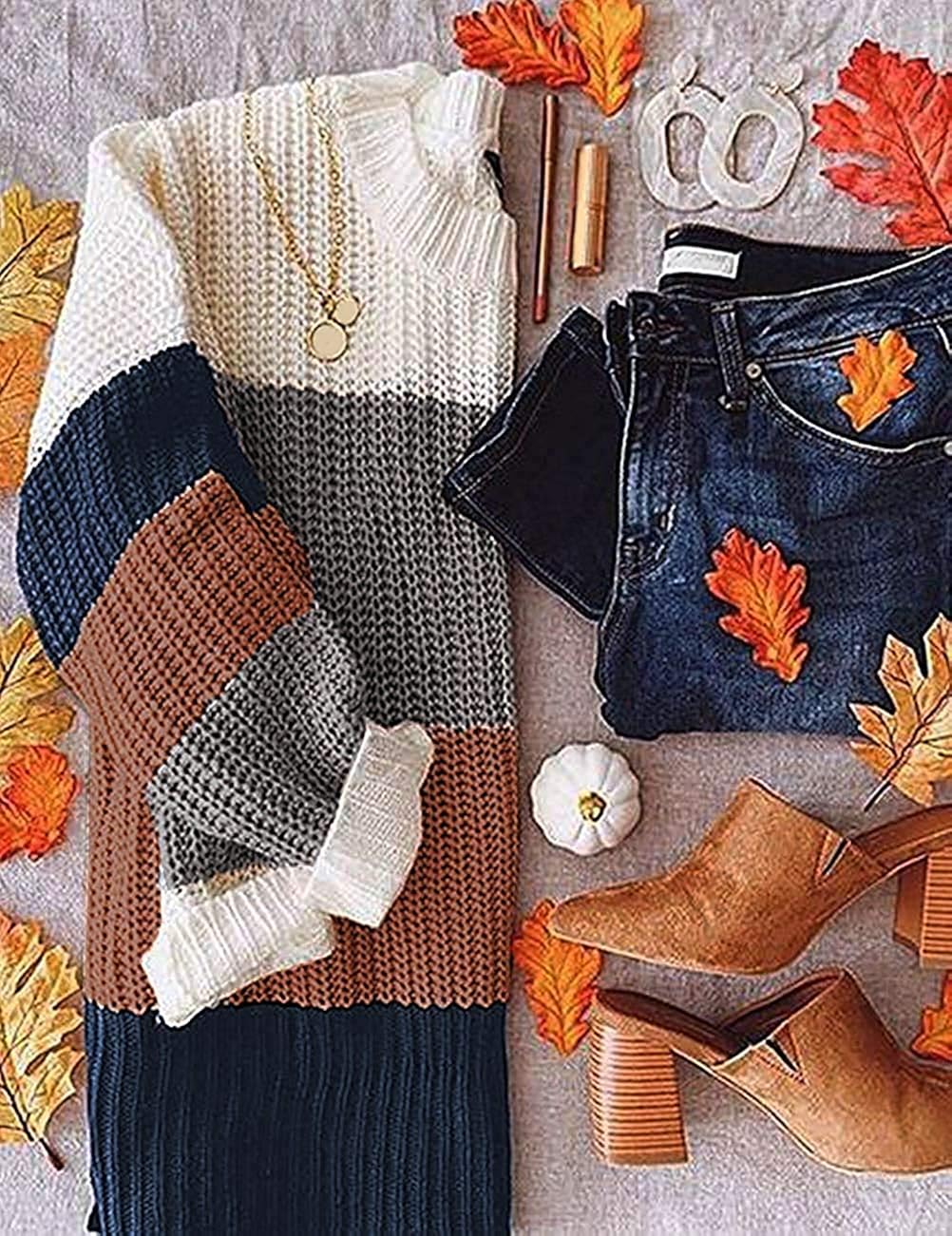 MEROKEETY Women's Crew Neck Long Sleeve Color Block Knit Sweater Casual Pullover Jumper Tops at  Women’s Clothing store