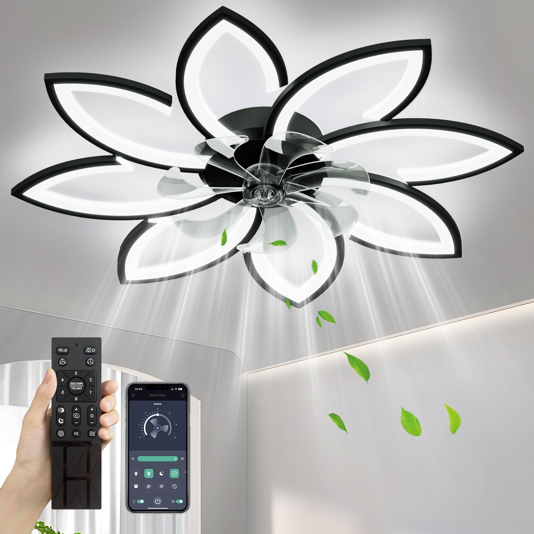 Photo 1 of SPEVCH 35'' Ceiling Fans With Lights, Modern Ceiling Fans With Lights And Remote, 6 Speed 3 Lights Color Low Profile Ceiling Fan Flush Mount For Bedroom (Black)