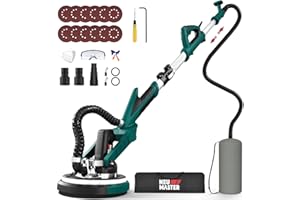 NEU MASTER Electric Drywall Sander - Variable Speed Pole With Vacuum, 900-1800RPM Foldable Ceiling Sander, 12 Sanding Discs, LED Light, Extendable Handle, Dust Bag and Hose