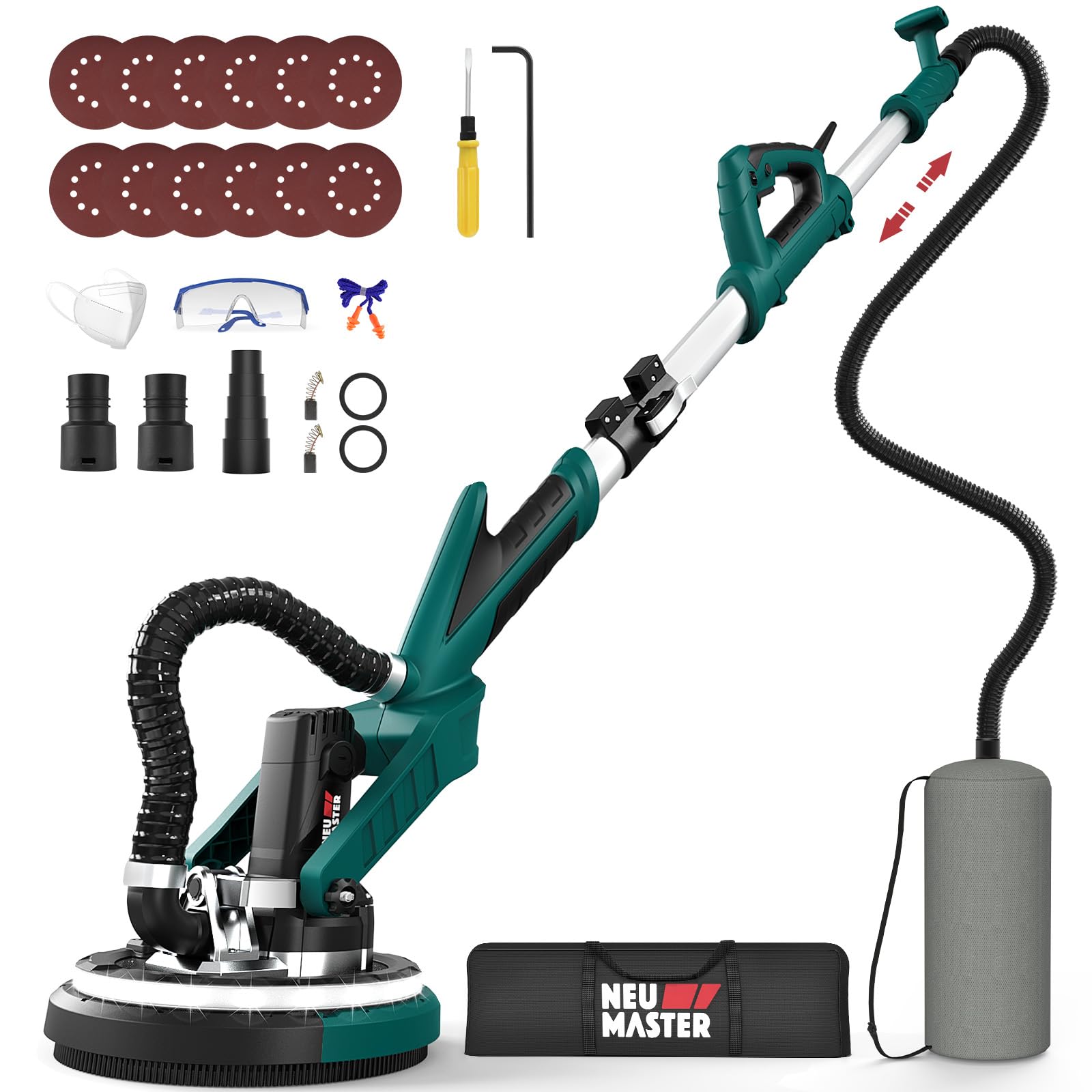 NEU MASTER Electric Drywall Sander - Variable Speed Pole With Vacuum, 900-1800RPM Foldable Ceiling Sander, 12 Sanding Discs, LED Light, Extendable Handle, Dust Bag and Hose