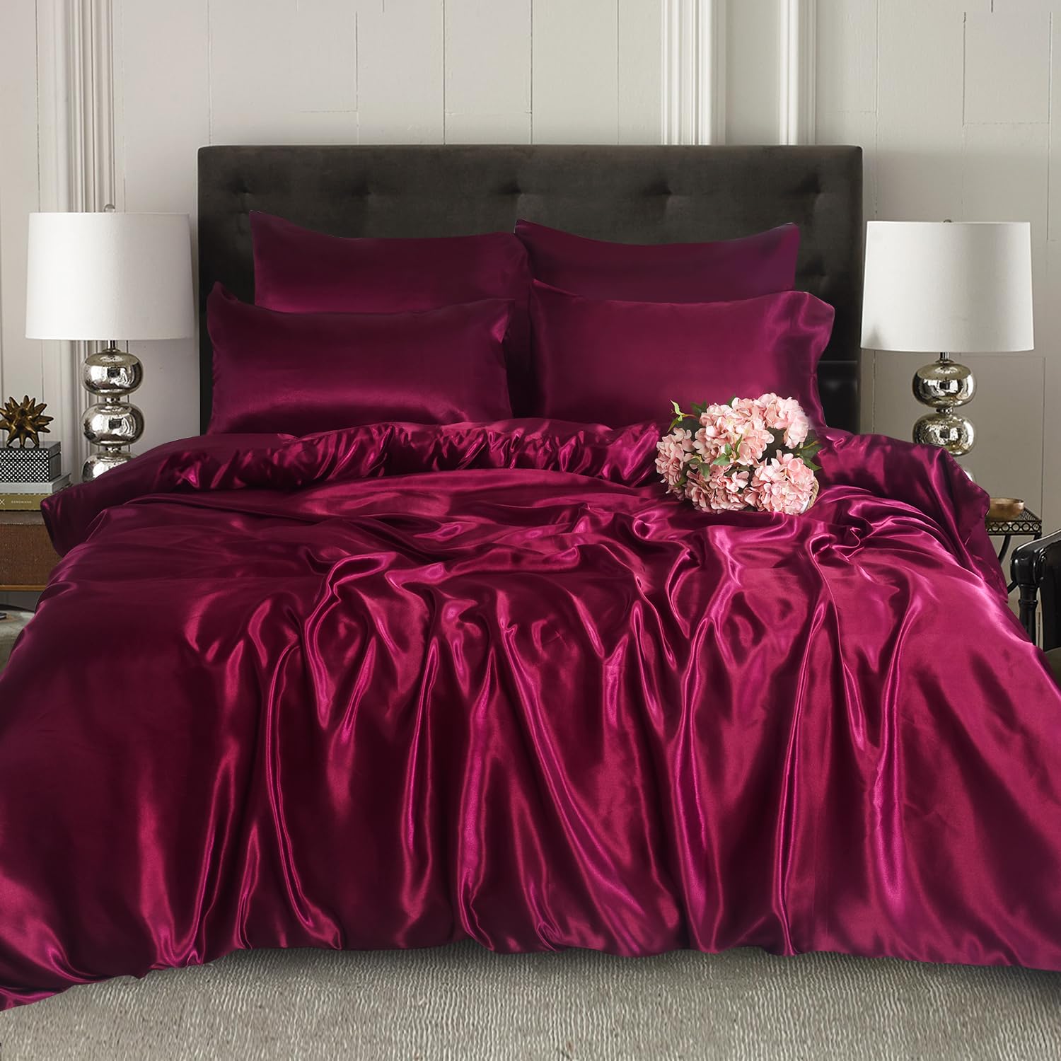 ROOEE Satin Silk Complete Bedding Set - 4 PCS - Fitted sheet, Duvet Cover, 2 Pillow Cases. Color - Burgundy Size - Single