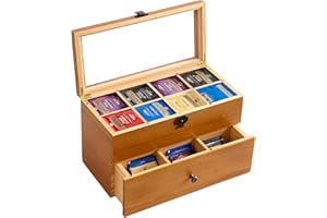 WELLAND Large Capacity Vintage Wood Tea Bag Box, Tea Storage Chests with Clear Lid & 2-Layer 14 Compartments