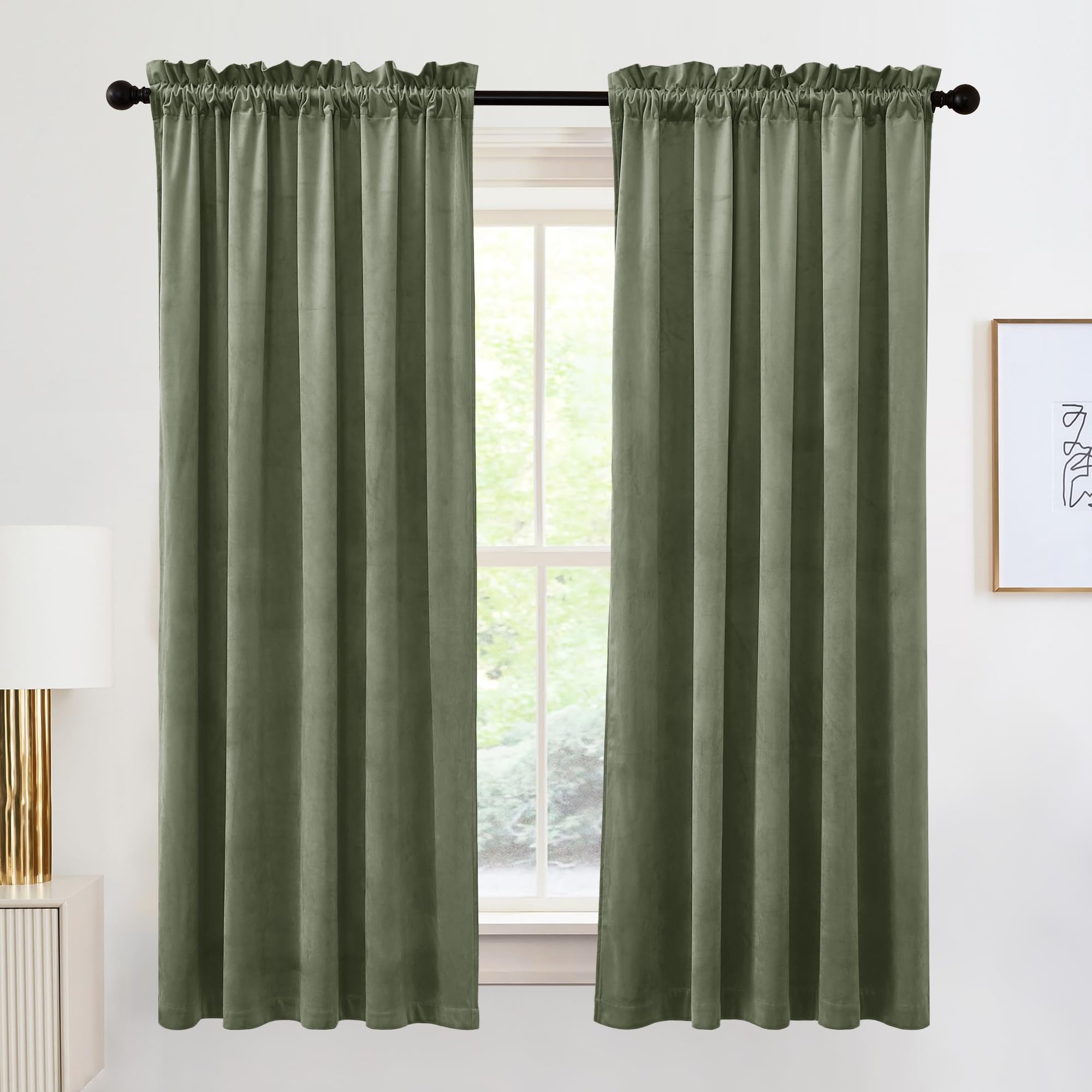 Photo 1 of RYB HOME Super Luxury Velvet Curtains with Rod Pocket Design, Privacy Thermal Insulated Window Drapes Room Darkening Shades for Dorm Basement Bedroom, Sage Green, W52 x L72 inch, 2 Panels Set