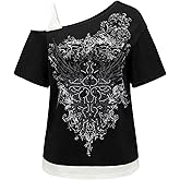 SOLY HUX Women's Plus Size Y2k Tops Gothic Graphic Tees Trendy Short Sleeve Asymmetrical Neck T Shirts