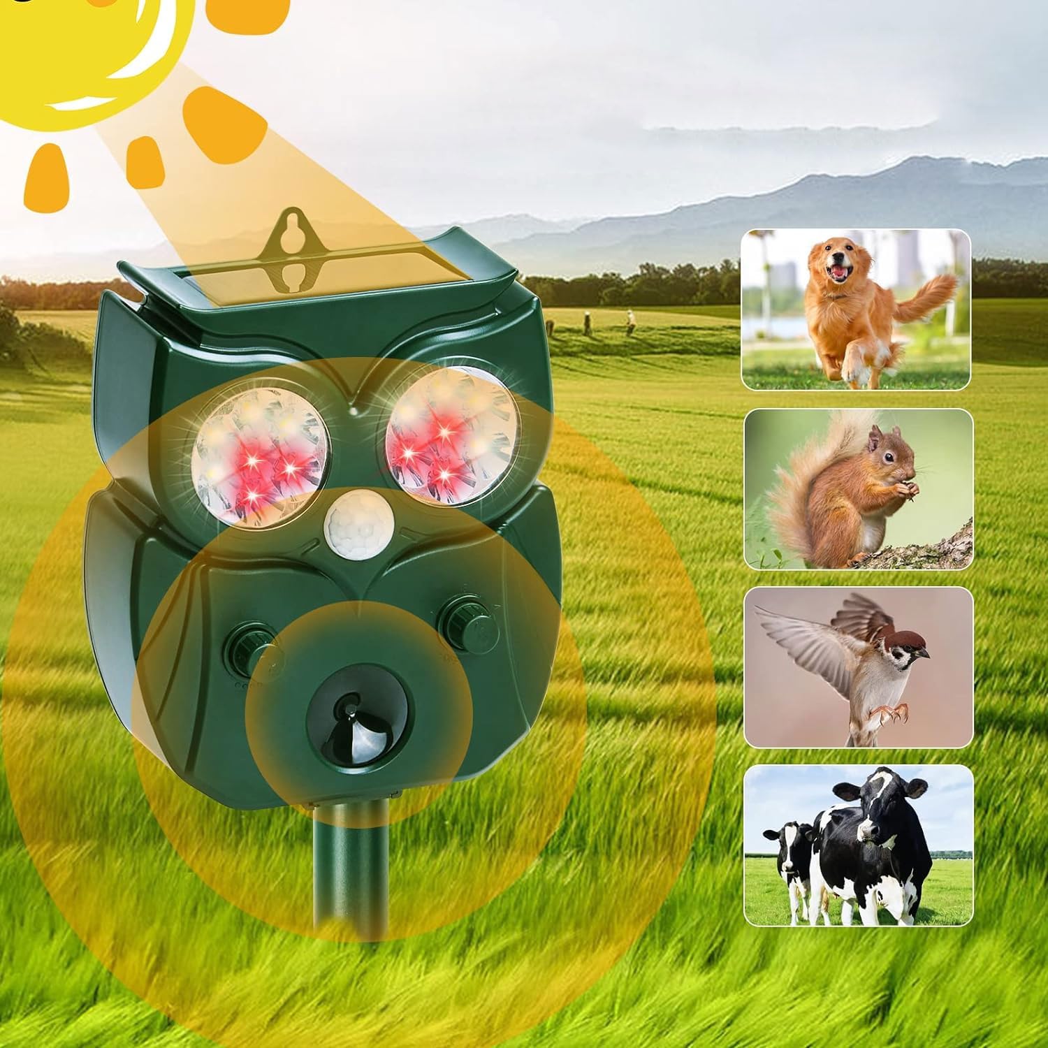 YZYOE Outdoor Solar Powered Animal Repeller，Waterproof Motion Detection LED Flash Light Ultrasonic Infrared Drive Away Animals and Beast Equipment.