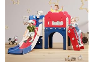 Babytronic Toddler Slide, 7 in 1 Kids Slide for Toddler 1-3, Indoor Outdoor Playset with Basketball Hoop and Telescope, Baby Indoor Outdoor Playground(Blue&Red)