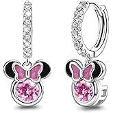 Sterling Silver Pink CZ Mouse Dangle Hoop Earrings - Sparkling Mini Cute Bow Earrings - Minnie Animal Princess Huggie Jewelry Gifts for Women or Daughter Birthday