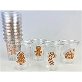 Gingerbread Holiday Plastic Cups, 12oz Clear Disposable Drinkware, Christmas Theme Party Pack, 24 Count