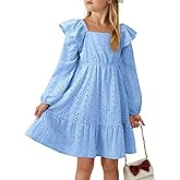 DOKOTOO KIDS Girls Eyelet Cotton Dresses 2025 Ruffle Casual Puff Long Sleeve A-line Dress for 6-13 Years