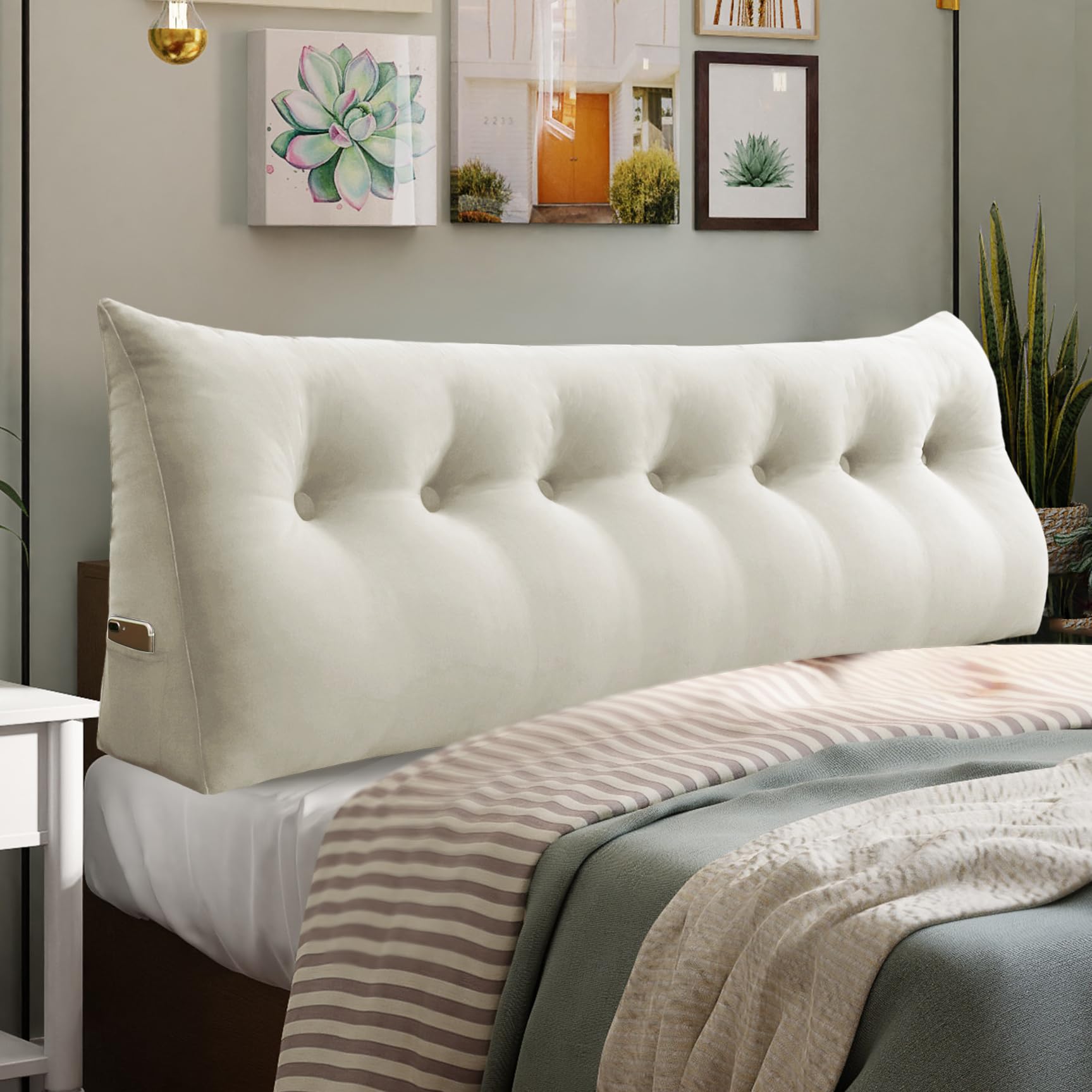 Photo 1 of 14 lbs Thickened King Headboard Pillow for Sitting Up in Bed, Back Support Reading Pillow with Side Pocket and Velvet Removable Cover, Triangular Large Wedge Headboard Pillow