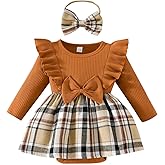 Magic Park 0-24M Baby Toddler Girls Ruffle Long Sleeve Bodysuit Ribbed Plaid Romper Dress Fall Winter Outfit with Headband