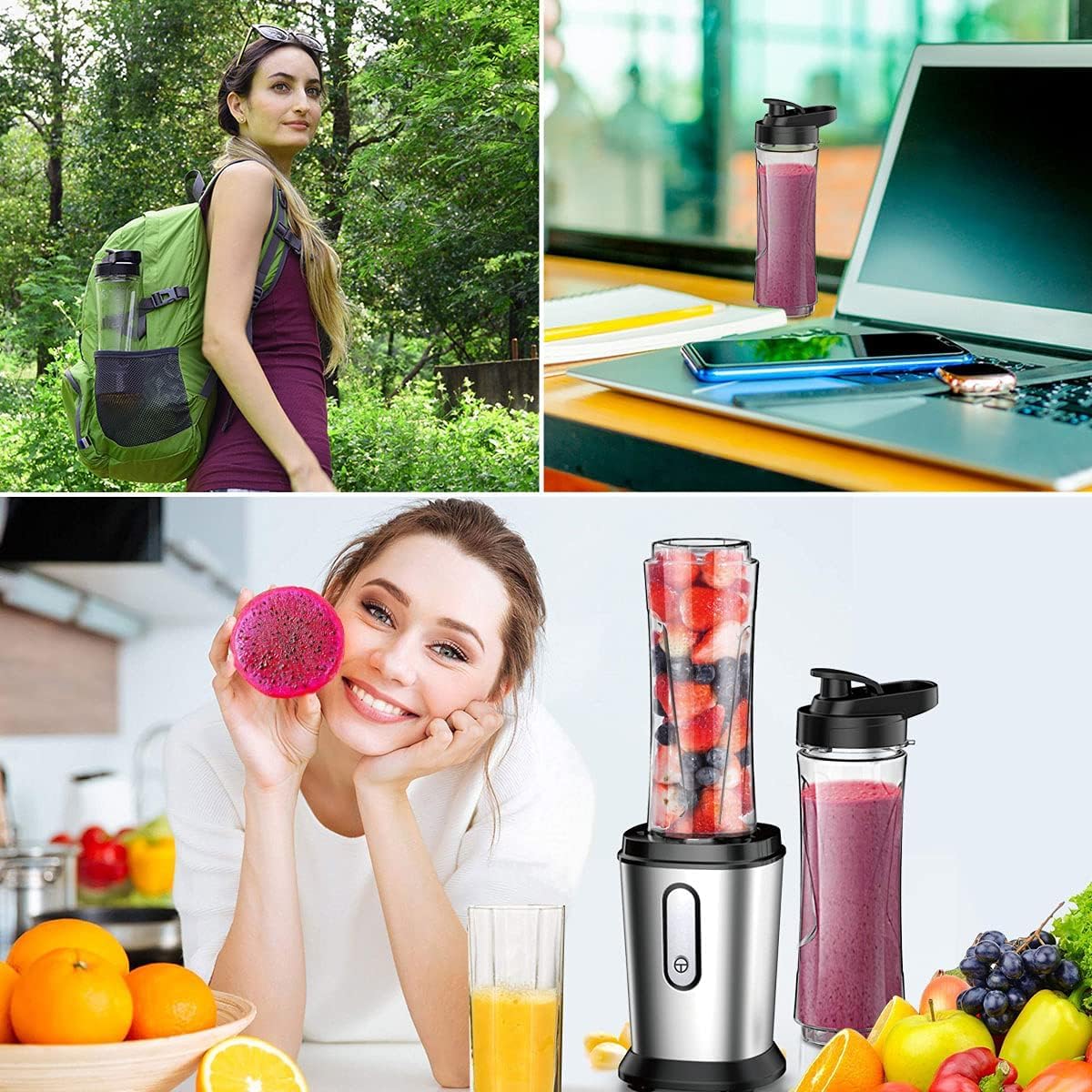 Mixer, 500W Mini Standmixer & Smoothie Maker mit 2x600ml Flaschen BPA frei Tritan, Tragbarer Mixer Smoothie Maker aus Edelstahl 4-Blatt für Shake, Smoothie, Silber 7