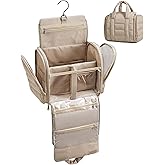 BAGSMART Puffy Travel Makeup Bag, Portable Hanging Toiletry Organizer with Removable Partition, Organizer for Travel-Sized Shampoo, Conditioner, Brushes Set, makeup Accessories, Camel