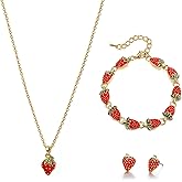 BriLove Cute Funny Small Strawberry Jewelry for Women,Enamel Pendant Necklace Earrings Bracelet Set Charm Fruit Jewellery for Summer Beach Holiday Costume Party Accessories Ruby Color Gold-Tone