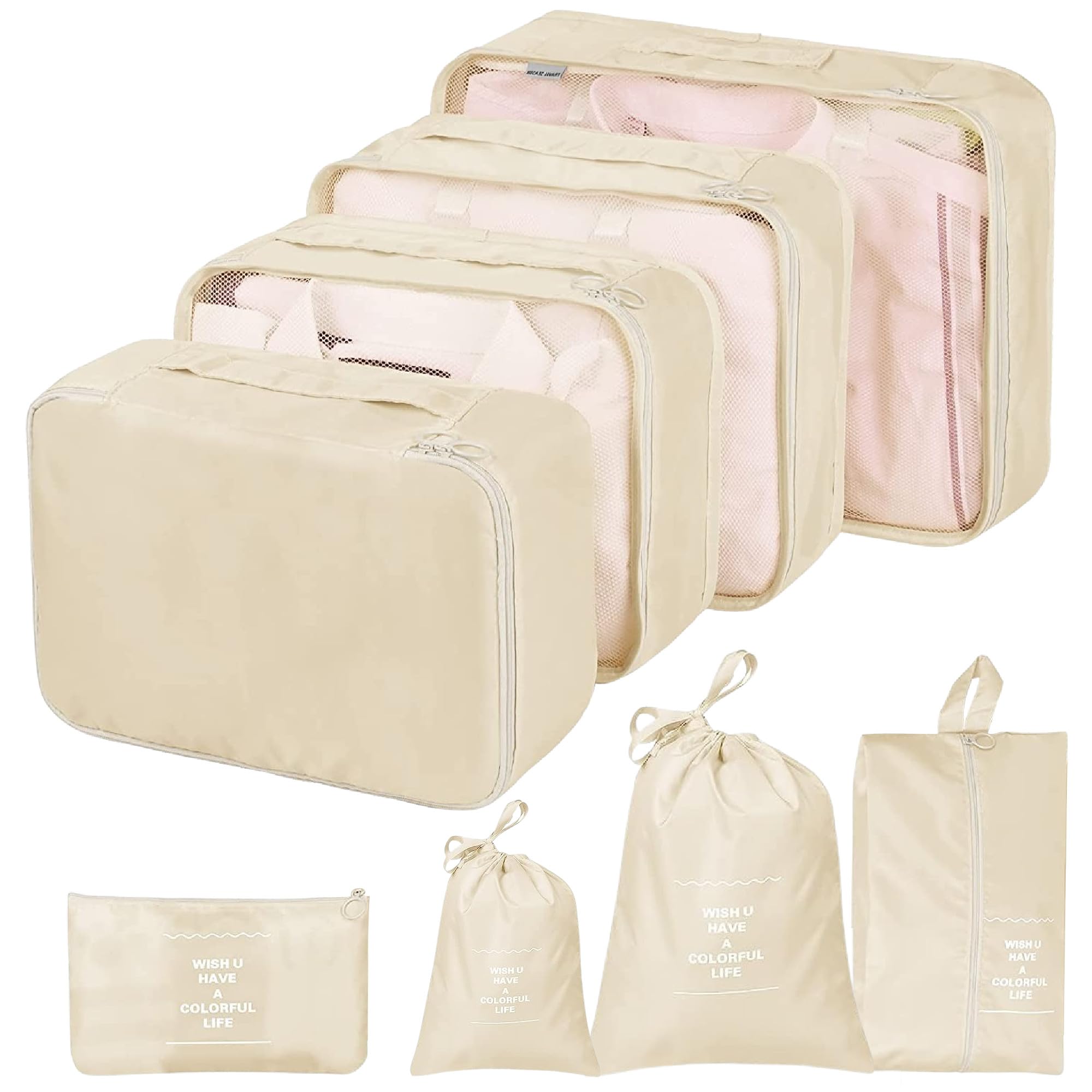 GOOGIT 8 Pieces Set Packing Cubes Suitcase Organiser Holiday Travel Clothes Shoes Trips Organiser (Beige)