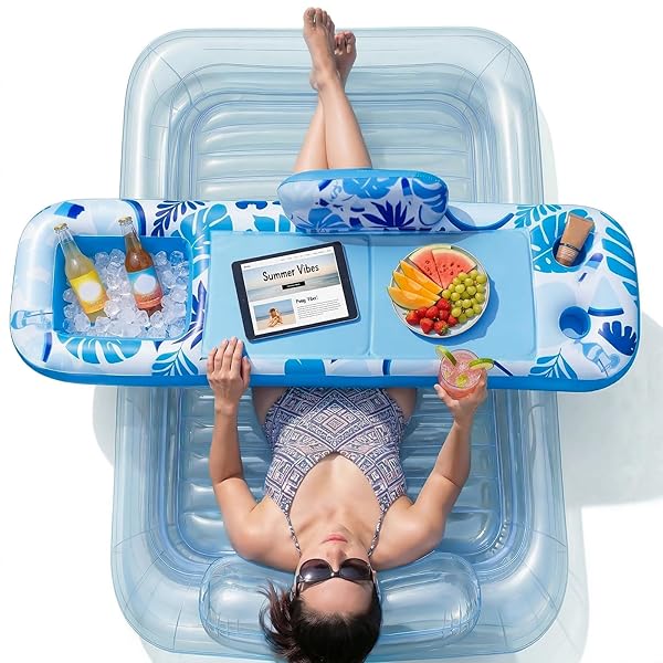 INFLATABLE TRAY FOR TANNING POOL FLOAT – 61″ L X 18″ W EXTRA LARGE TRAY WITH NON-SLIP AND COOLER CONTAINER, DESIGNED FOR SUNBATHING BED, TANNING LOUNGE & WATER BLOW UP, BALL PIT, PARTY GIFTS