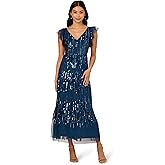 Adrianna Papell Womens Beaded Mesh Tier Dress
