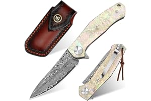 Benkey Damascus Pocket Knife, Extremely Sharp VG10 Core Damascus Steel Folding Knives with Clip and Leather Sheath, Unique Abalone Seashells Handle, Ball Bearing, Liner Lock, Knife for EDC Men Women