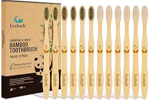 Isshah Biodegradable Eco-Friendly Natural Bamboo Charcoal Toothbrushes, FSC Certified and PETA Approved - 12 Count