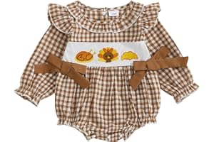 Honganda Baby Girl Plaid Romper Long Sleeve Pumpkin Turkey Ruffle Onesie with Bows Halloween Thanksgiving Christmas Outfit