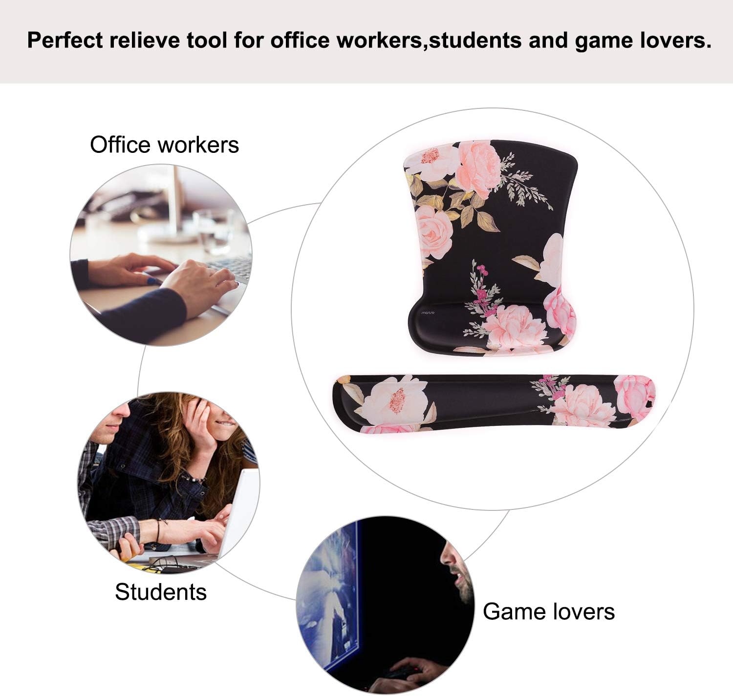 MOSISO Wrist Rest Support for Mouse Pad & Keyboard Set, Peony Ergonomic Mousepad Non-Slip Rubber Base Home/Office Pain Relief & Easy Typing Cushion with Neoprene Cloth & Raised Memory Foam, Black : Office Products