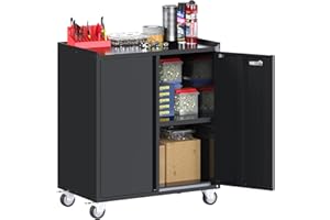 JAORD Metal Storage Cabinet on Wheels, Tool Cabinets for Garage, Garage Rolling Cabinet, Roling Garage Storage Cabinet, Lockable Storage Cabinet with Wheels for Home, Office, Assembly Required (Black)