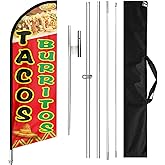 QSUM Tacos Burritos Flag, 11FT Taco Feather Flags for Businesses, Tacos Sign with Pole and Ground Spike for Outdoor Advertising for Mexican Food Trucks, Stands & Restaurants