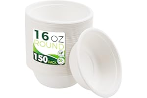 BIRCHIO Paper Bowls 16 oz [150-Pack], Heavy Duty Disposable Bowls Perfect for Hot Soup and Milk Cereals, 100% Compostable and Eco-Friendly Made from Bagasse