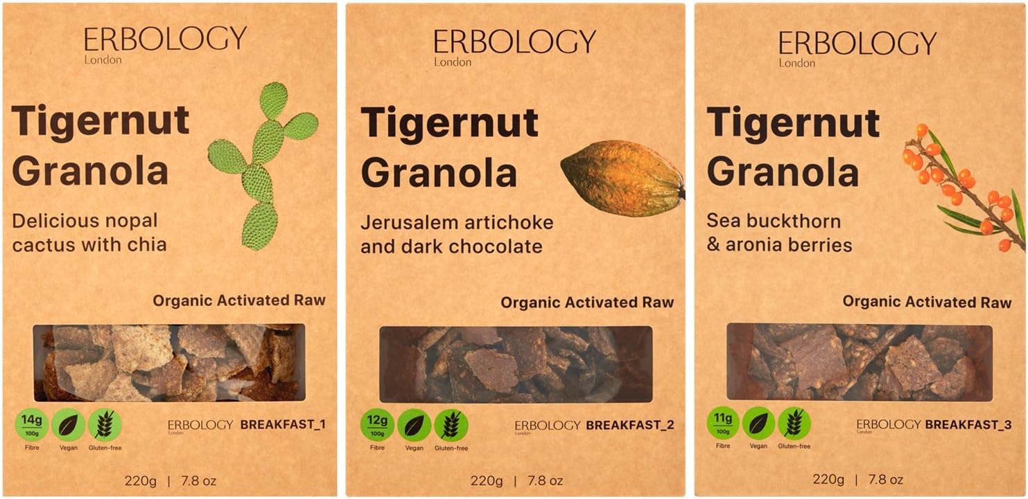 Organic Activated Granola All Flavours: Nopal, Dark Chocolate and Sea Buckthorn (3 x 7.8 oz Pack) - Raw - Vegan - Gluten-Free - Gut Health