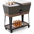Sunjoy 80-Quart Wood Grain Finish Metal Rolling Ice Chest Cooler Cart with Storage Shelf, Steel Bottle Opener, and Lockable Wheels, Copper
