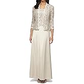 Petite Lace & Satin Gown with 3/4 Sleeve Scalloped Lace Jacket