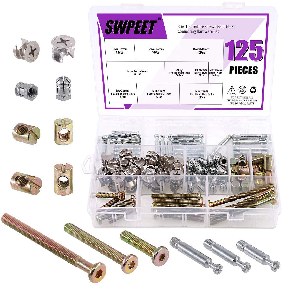 Swpeet 125Pcs 3 in 1 Cabinet Fixing Screw Locking Cam Bolt Nut Kit, Furniture Cam Fitting With Eccentric Fitting Side Connecting Pre-Inserted Nut Screw Eccentric Wheel
