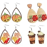 Fall Earrings for Women Thanksgiving Day Wooden Painted Earrings Cute Pumpkin Maple Leaf Sunflower Turkey Teardrop Dangle Earrings Lightweight Fun Autumn Drop Earrings For Girls Jewelry