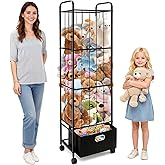 Puppiluv Stuffed Animal Storage, Metal Stuff Animals Zoo Holder with Fabric Drawer and Wheels Tall Vertical Plushies Toy Organizer Plush Storage Cage with Elastic Band for Playroom Corner (Black)