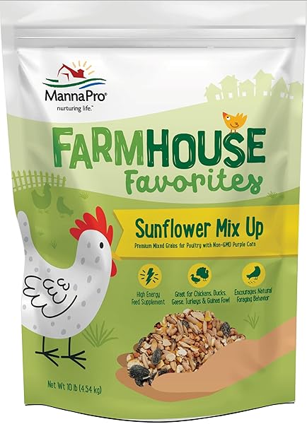 MANNA PRO FARMHOUSE FAVORITES – SUNFLOWER MIX UP – PREMIUM GRAINS FOR POULTRY – MADE WITH NON-GMO PURPLE CORN – HIGH ENERGY POULTRY FEED SUPPLEMENT – 10LB BAG