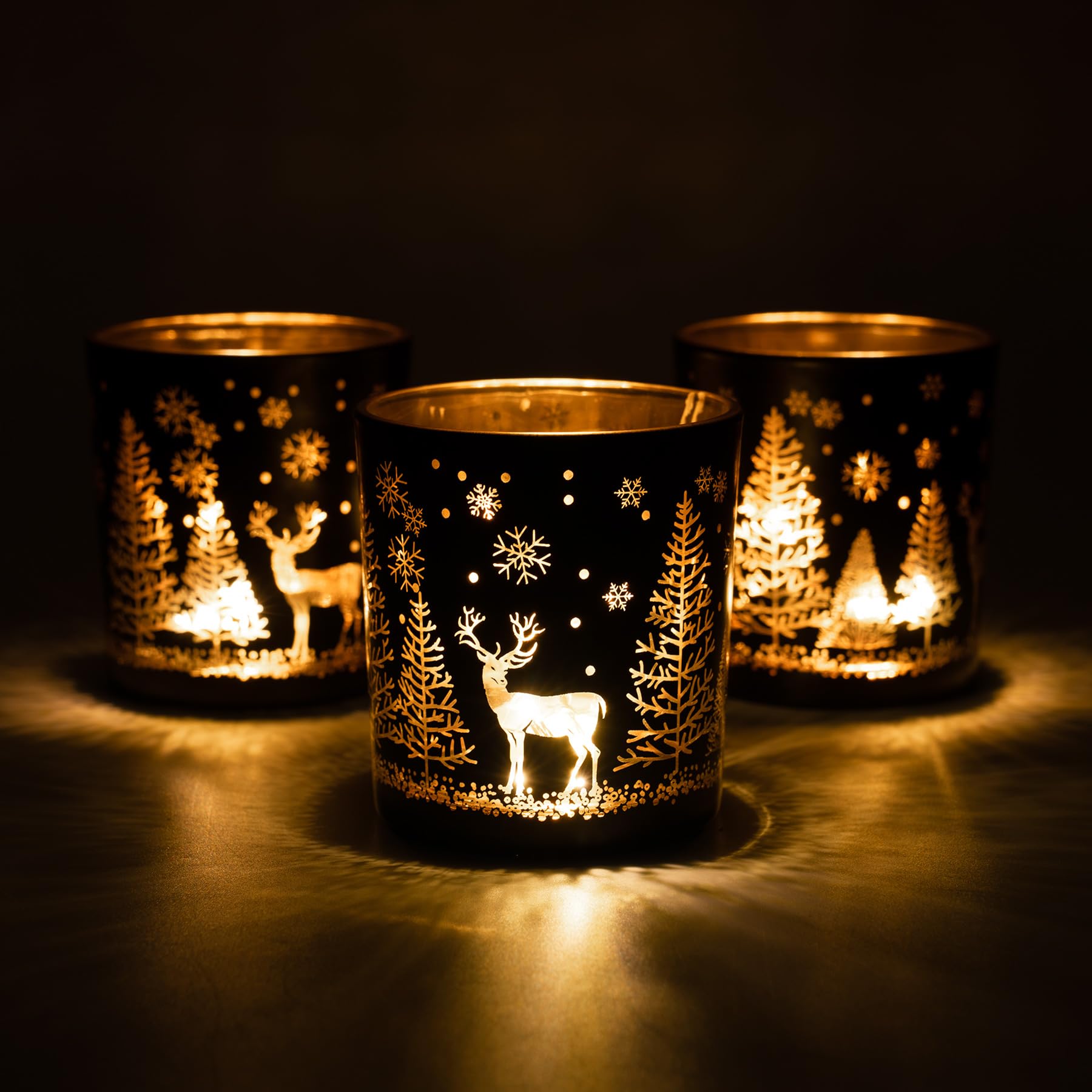 Toptime Christmas Candle Holder Set - Black and Gold Tea Light Holders (3 Pieces) With Stag and Tree Design - Glass Votive Holders for Xmas, Party Table Decorations
