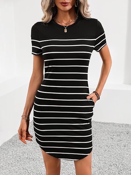 SWEATYROCKS WOMEN’S SUMMER STRIPED BODYCON SHORT DRESS CREWNECK WOMEN MINI DRESSES WITH POCKETS BLACK AND WHITE MEDIUM