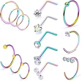 Oicctyzio 20g Nose Rings Hoops L Shaped Studs Gold/Black/Rainbow Piercings Jewelry for Women Hypoallergenic Surgical Stainless Steel