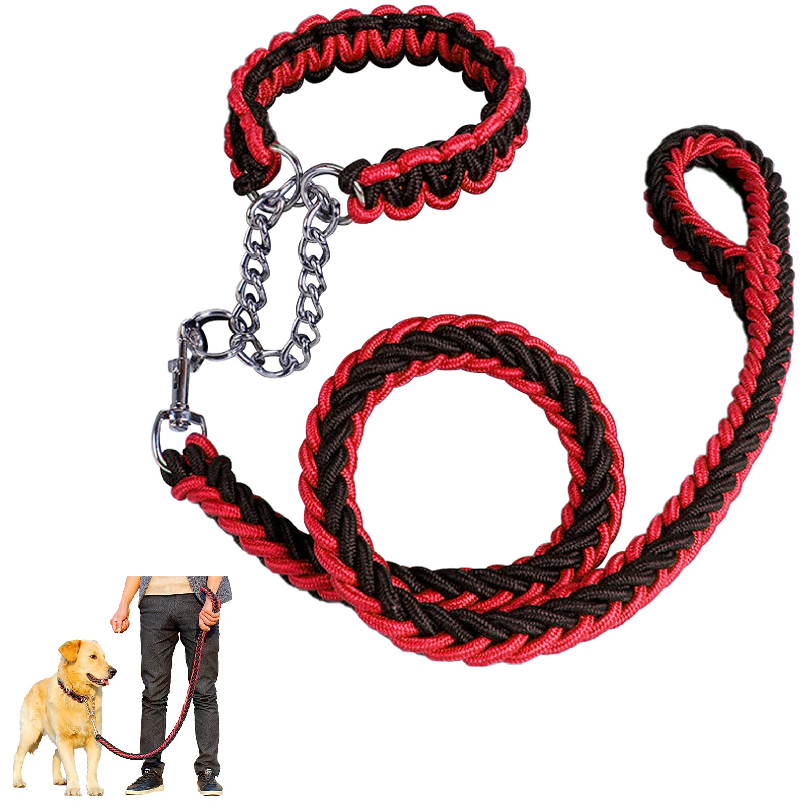 Dog Rope Heavy Duty Dog Woven Leash Collar Set Nylon Eight Strand Braided Lead Pet Walking Training Rope Non-slip Handle Collar for Small Medium Large Dogs (Black+Red, M)