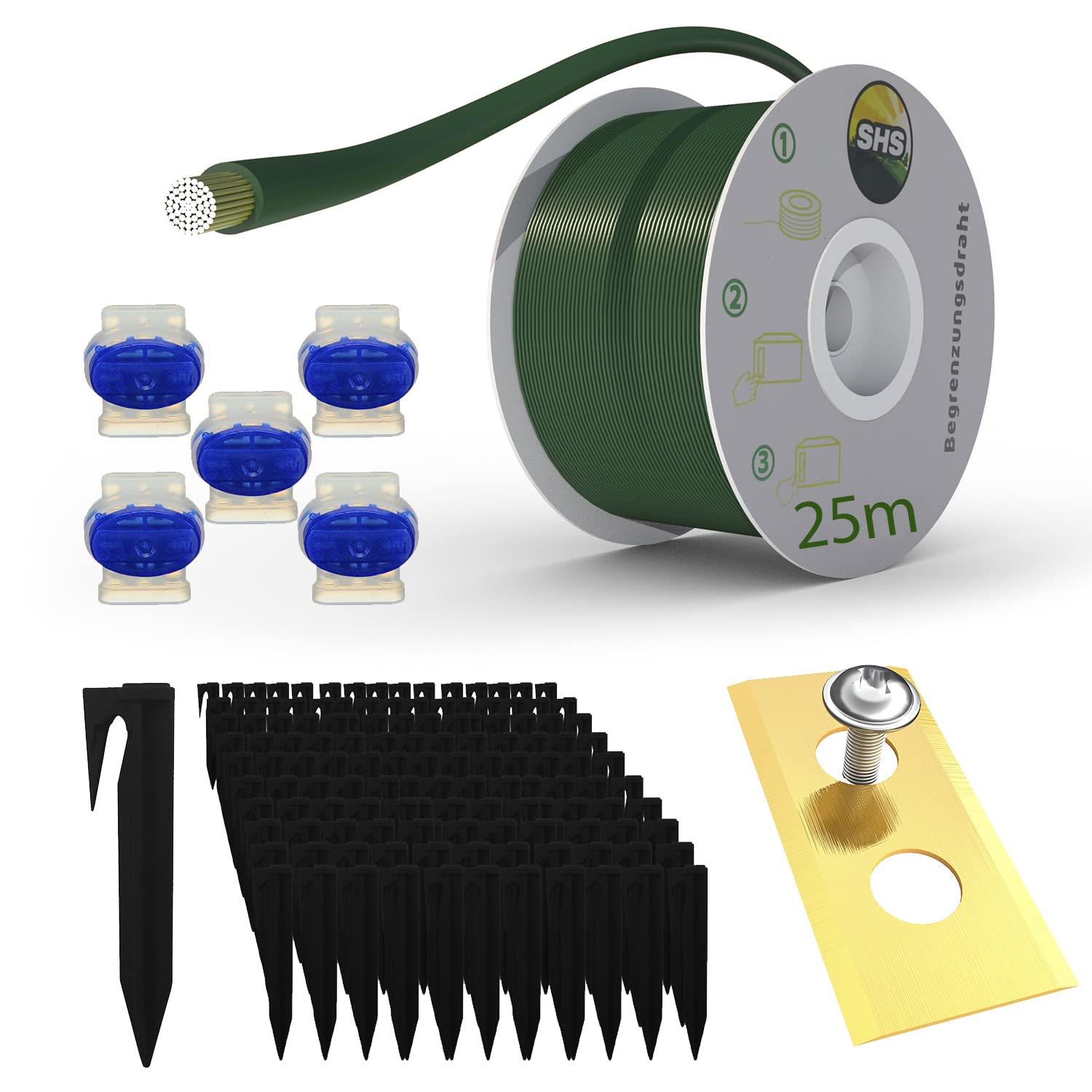 25 m Boundary Cable + 25 Ground Spikes + 5 Cable Connectors + 30 Blades for Robotic Lawnmower Lawn Mower Lawn Robot Accessory Set Boundary Wire for Search Cable - Compatible with Worx Landroid