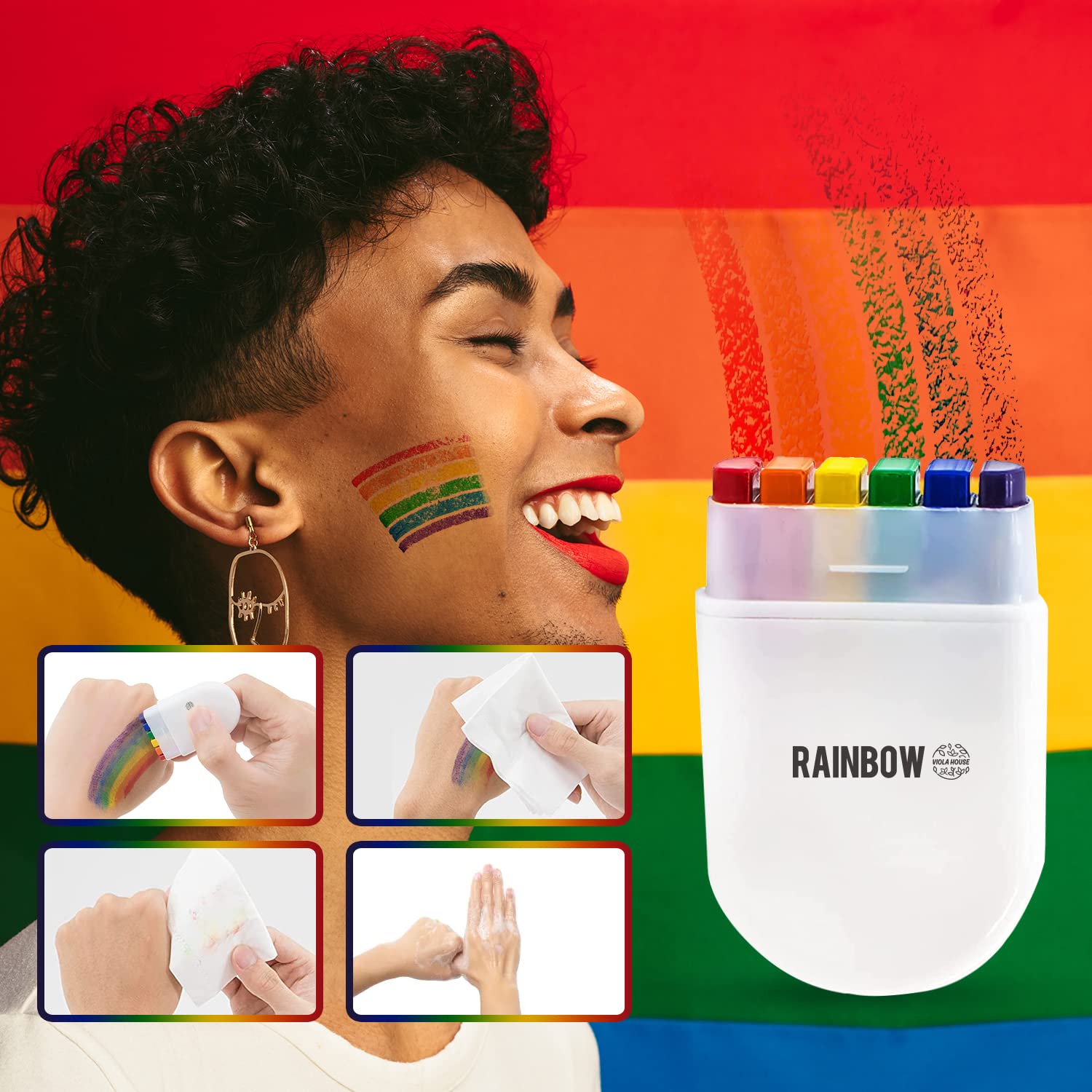 VIOLA HOUSE Rainbow Face Paint Gay Lesbian Pride Flag Color Face & Body Paint Stick mit Pride Broschen, Pocket Size Marches Events Festival.