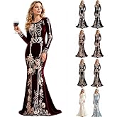 Women Skeleton Dress 3D Print Velvet Floral Long Sleeve Halloween Costumes | Skeleton Costume For Women,3d Digital Print Velvet Floral Halloween Dress,Cosplay Party Events Witch Gothic Medieval Dresses