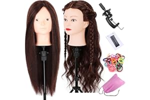 LEEVEN Mannequin Head with Human Hair 22-24 Inch Cosmetology Manikin Doll Head with 60% Brown Real Hair for Hairstylists Cosmetology Students Practice Styling with Clamp Holder