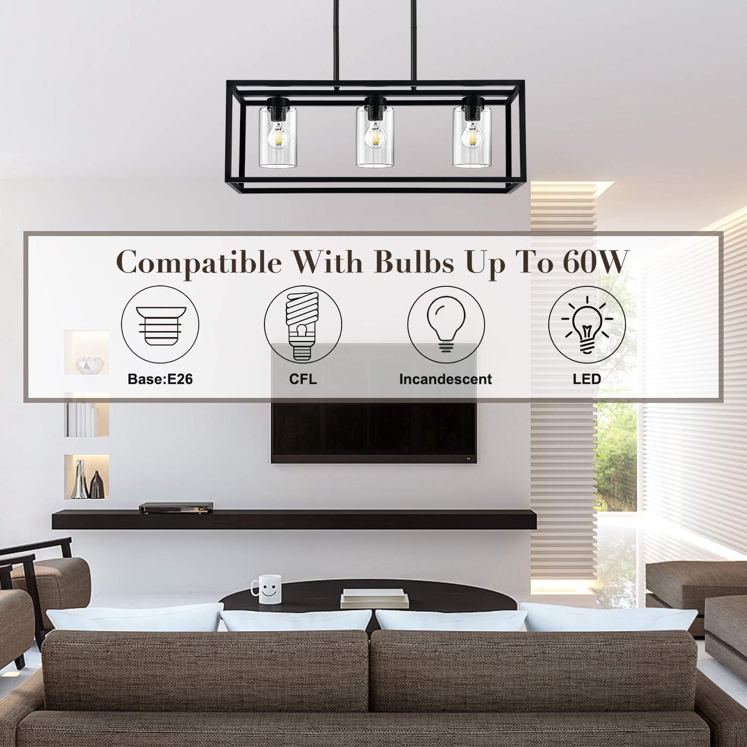 KEDSUM 3 Lights Farmhouse Kitchen Island Lights, Modern Chandeliers Rectangle Black Pendant Lighting for Dinging Room, Hanging Linear Cage Island Lighting with Clear Glass Shade and Adjustable Rods - - 
