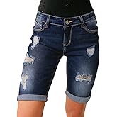 luvamia Women High Waisted Stretch Bermuda Shorts Ripped Rolled Hem Jean Shorts